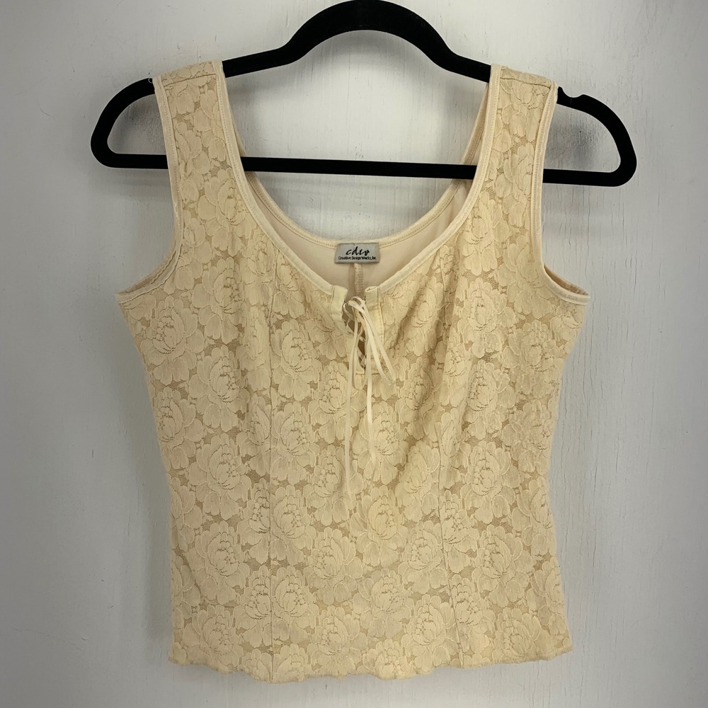 Coquette Fairycore Romantic Floral Lace Tank Cami Top Lace-Up Sleeveless Small